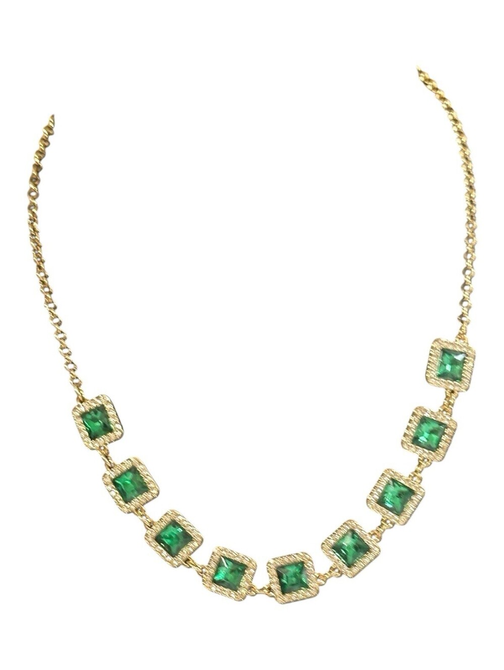 Monet Necklace Gold Tone Crystal Rhinestone Green Faux Emerald Statement New